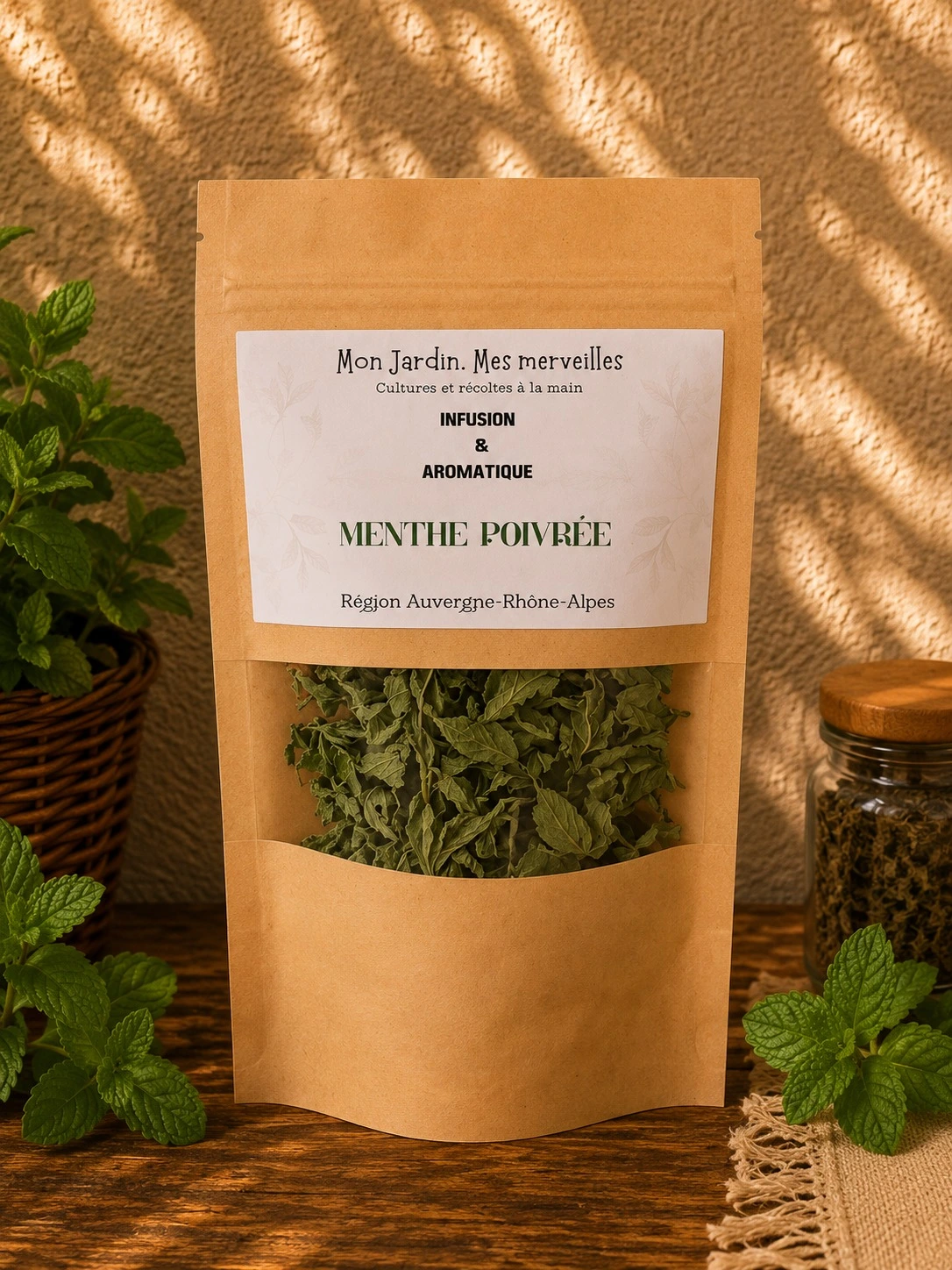 sachet posé sur table en bois