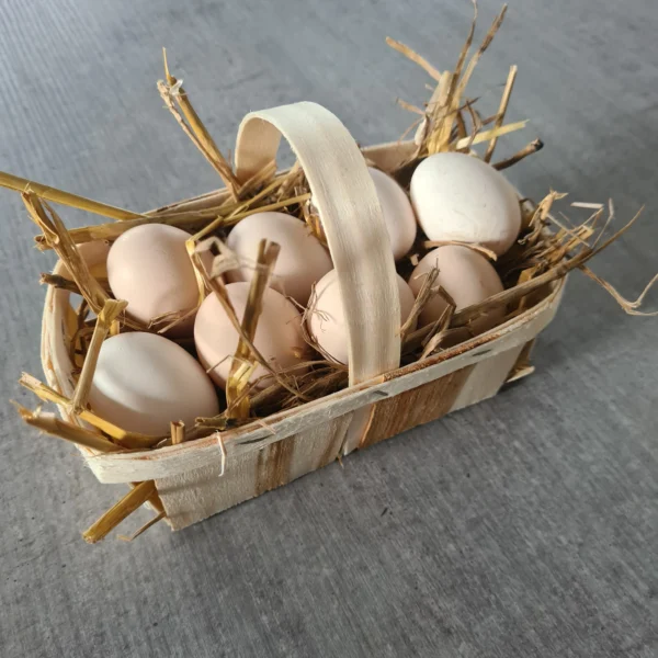 Cette image représente un panier en bois avec du foin et des œufs posés dessus