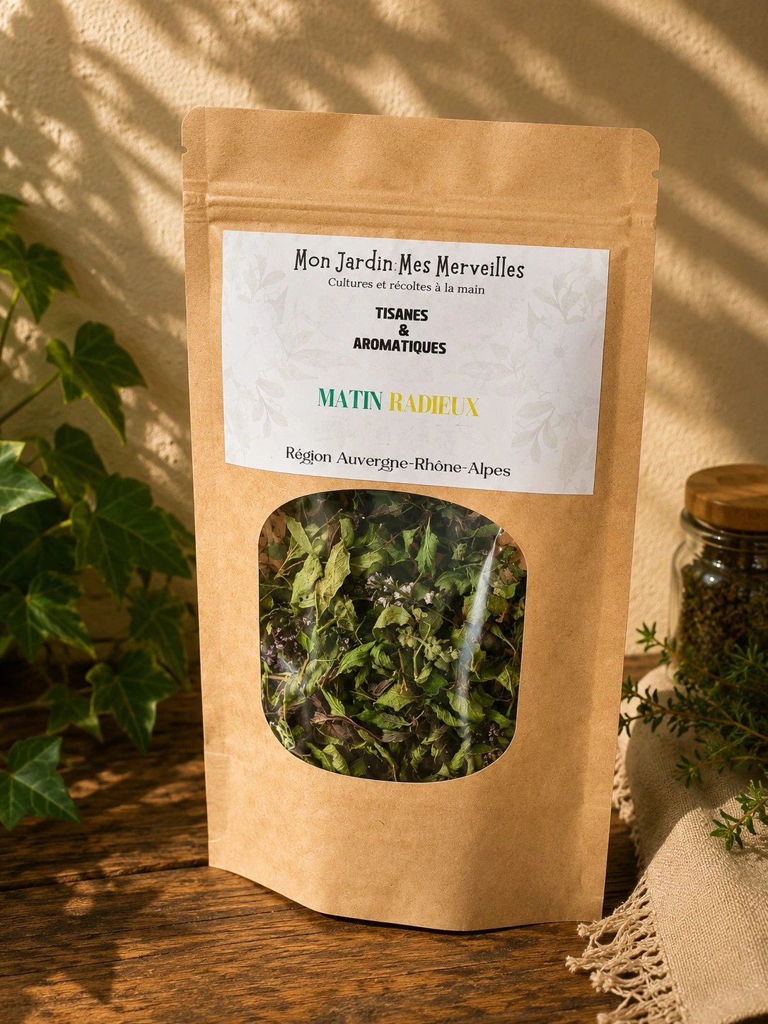 sachet posé sur table en bois