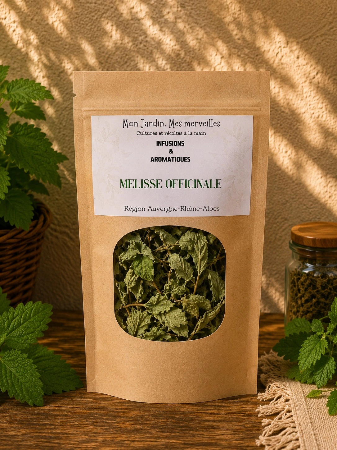 sachet posé sur table en bois