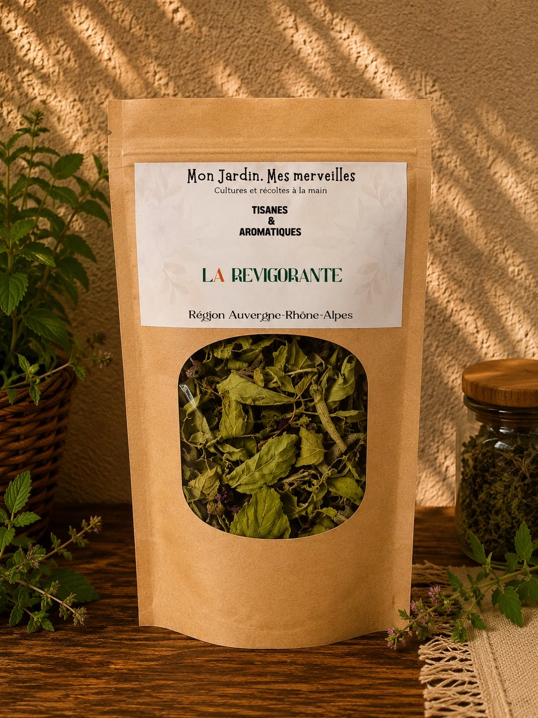 sachet posé sur table en bois
