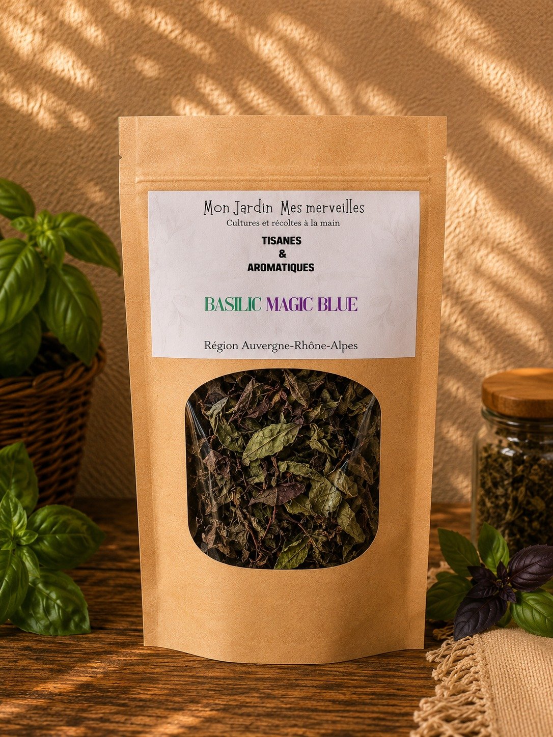 sachet posé sur table en bois