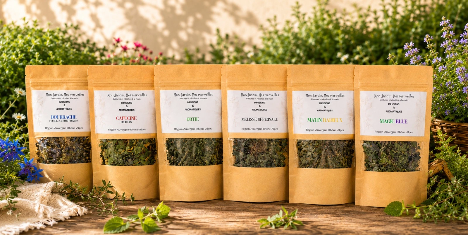 ici figure un ensemble de sachets de tisane posés sur une table