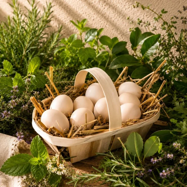 les oeufs dans un panier posé dans le jardin